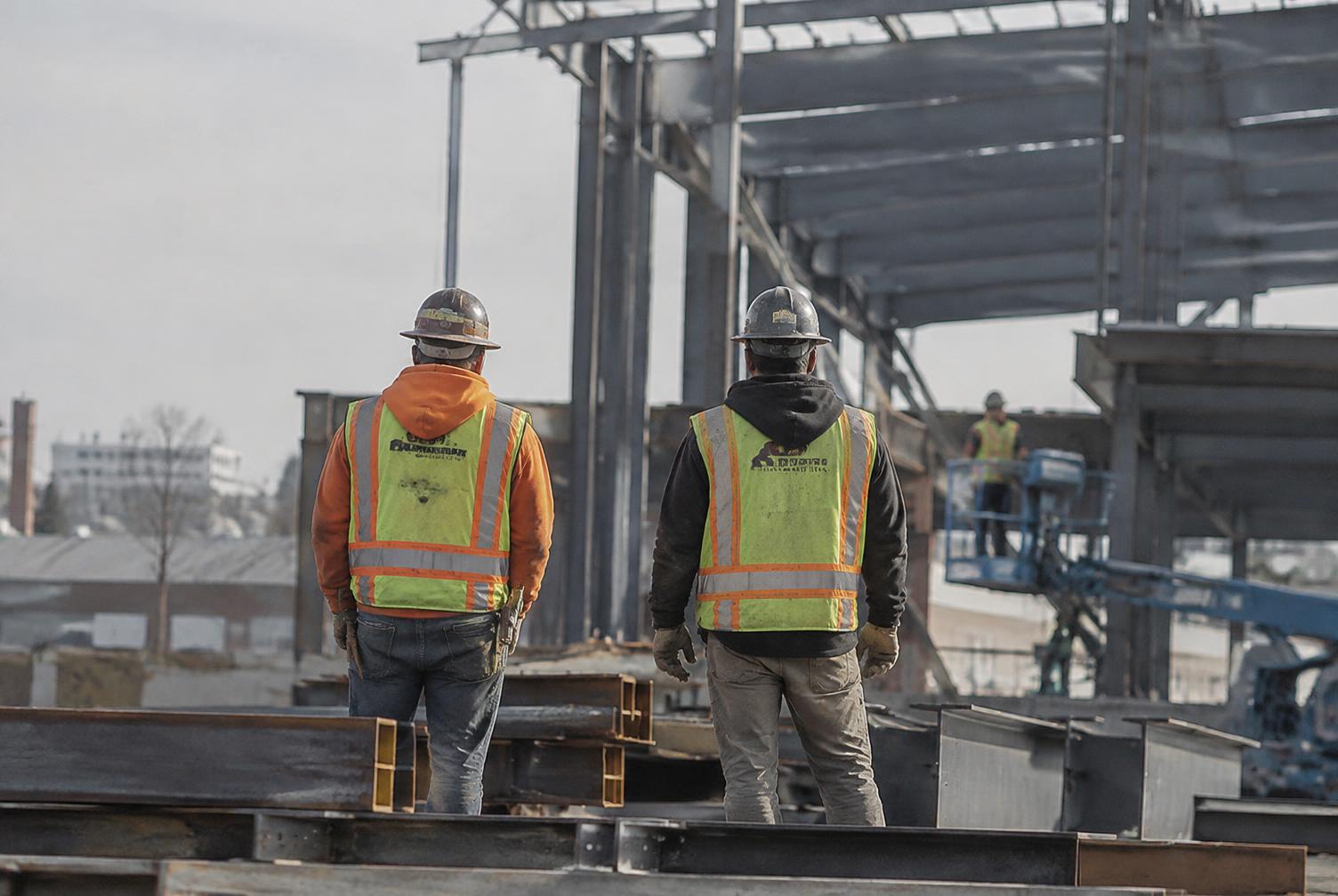 Construction workers on a steel-frame building site