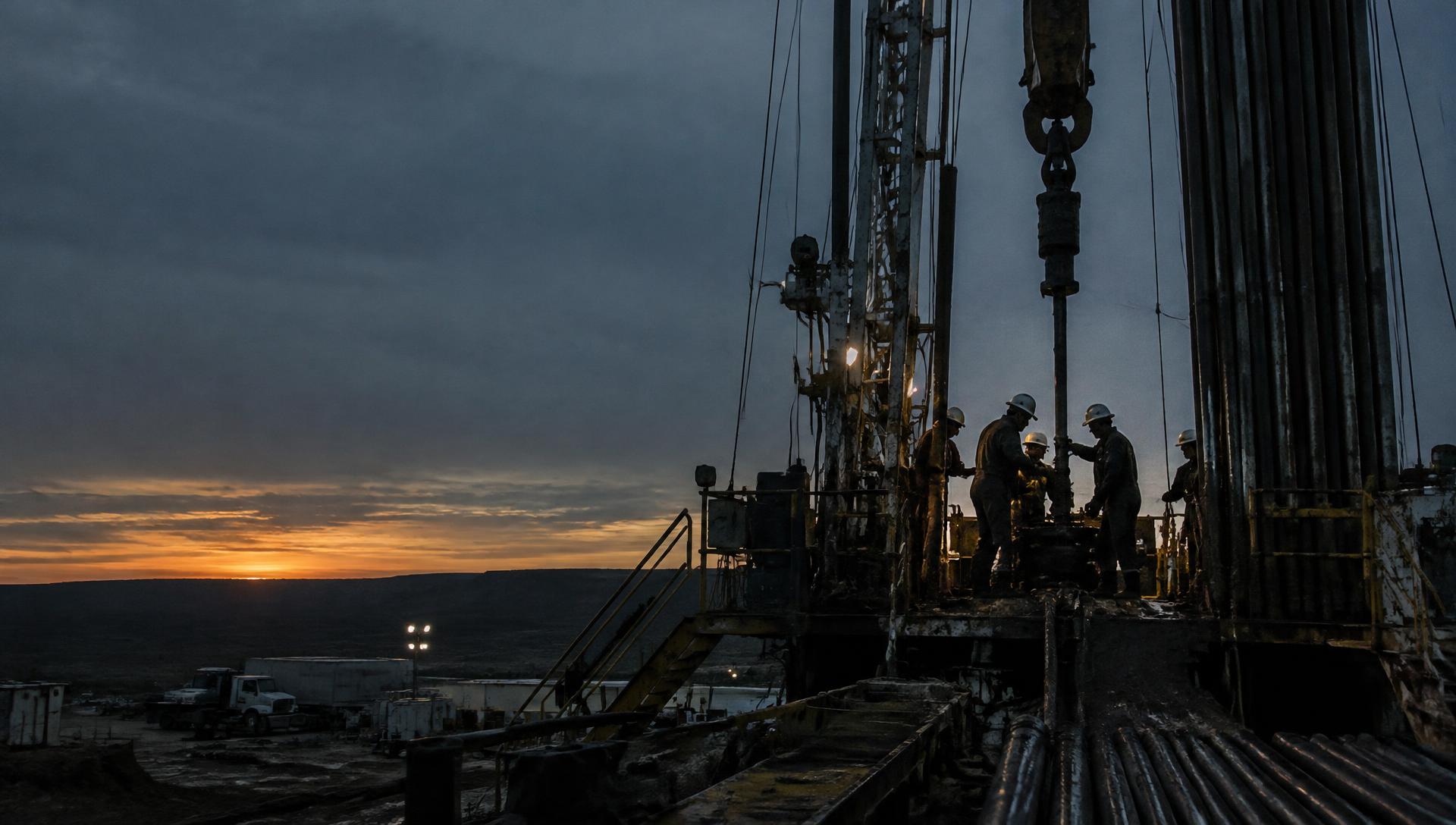 Oilfield crew working on a drilling rig floor at dusk